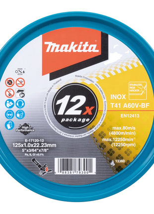 Makita E-17120-12 disques à tronçonner INOX 125 x 1,0 x 22,23 mm A60V-BF 12 pièces dans une boîte