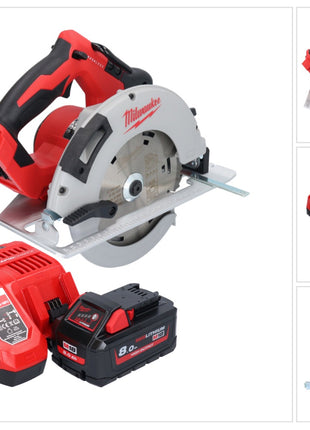 Scie circulaire manuelle à batterie Milwaukee M18 BLCS66-801 18 V 190 mm sans balais + 1x batterie 8,0 Ah + chargeur