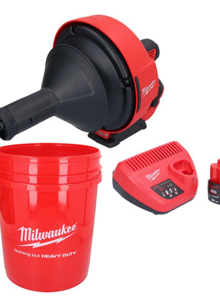 Appareil de nettoyage de tuyaux sur batterie Milwaukee M12 BDC6-201C 12 V + 1x batterie 2,0 Ah + chargeur + spirale + seau