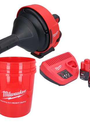 Appareil de nettoyage de tuyaux sur batterie Milwaukee M12 BDC6-202C 12 V + 2x batteries 2,0 Ah + chargeur + spirale + seau