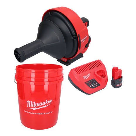 Limpiador de tuberías a batería Milwaukee M12 BDC6-251C 12 V + 1x batería 2,5 Ah + cargador + espiral + cubo