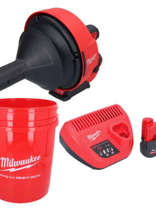 Appareil de nettoyage de tuyaux sur batterie Milwaukee M12 BDC6-252C 12 V + 2x batteries 2,5 Ah + chargeur + spirale + seau