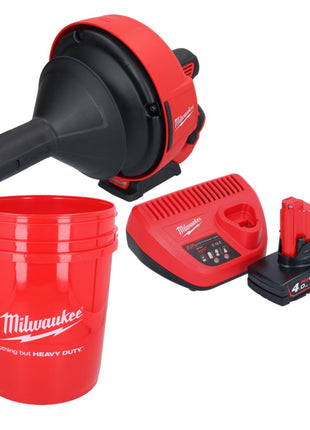 Appareil de nettoyage de tuyaux sur batterie Milwaukee M12 BDC6-401C 12 V + 1x batterie 4,0 Ah + chargeur + spirale + seau