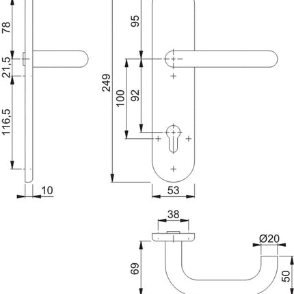 HOPPE long plate half set Paris E138F/3310 stainless steel F69 ( 3000220121 )