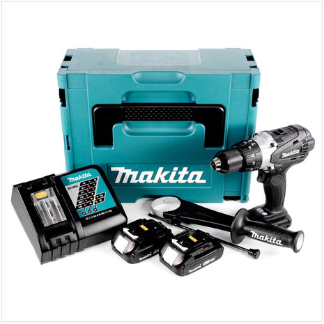 Makita DHP 458 RAJ B Akku Schlagbohrschrauber 18 V 91 Nm Schwarz + 2x Akku 2,0 Ah + Ladegerät + Makpac - Toolbrothers