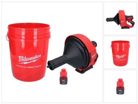 Milwaukee M12 BDC8-201C Akku Rohrreinigungsgerät 12 V + 1x Akku 2,0 Ah + Spirale + Eimer - ohne Ladegerät