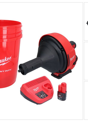 Milwaukee M12 BDC8-201C Akku Rohrreinigungsgerät 12 V + 1x Akku 2,0 Ah + Ladegerät + Spirale + Eimer