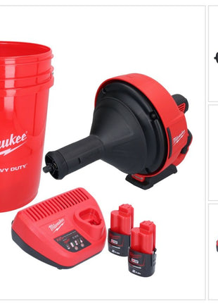 Milwaukee M12 BDC8-202C Akku Rohrreinigungsgerät 12 V + 2x Akku 2,0 Ah + Ladegerät + Spirale + Eimer