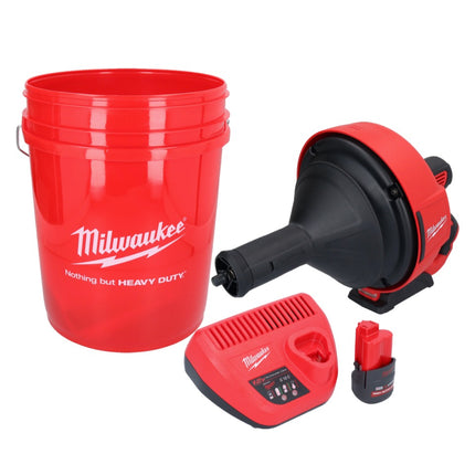 Limpiador de tuberías a batería Milwaukee M12 BDC8-251C 12 V + 1x batería 2,5 Ah + cargador + espiral + cubo