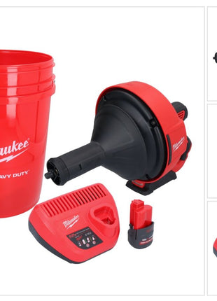 Milwaukee M12 BDC8-251C Akku Rohrreinigungsgerät 12 V + 1x Akku 2,5 Ah + Ladegerät + Spirale + Eimer