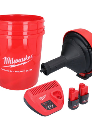 Appareil de nettoyage de tuyaux sur batterie Milwaukee M12 BDC8-252C 12 V + 2x batteries 2,5 Ah + chargeur + spirale + seau