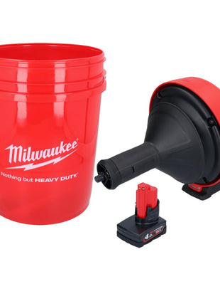 Limpiador de tuberías a batería Milwaukee M12 BDC8-401C 12 V + 1x batería 4,0 Ah + espiral + cubo - sin cargador