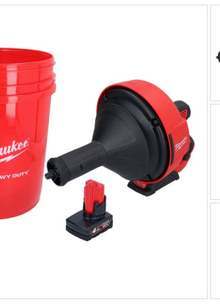 Limpiador de tuberías a batería Milwaukee M12 BDC8-401C 12 V + 1x batería 4,0 Ah + espiral + cubo - sin cargador