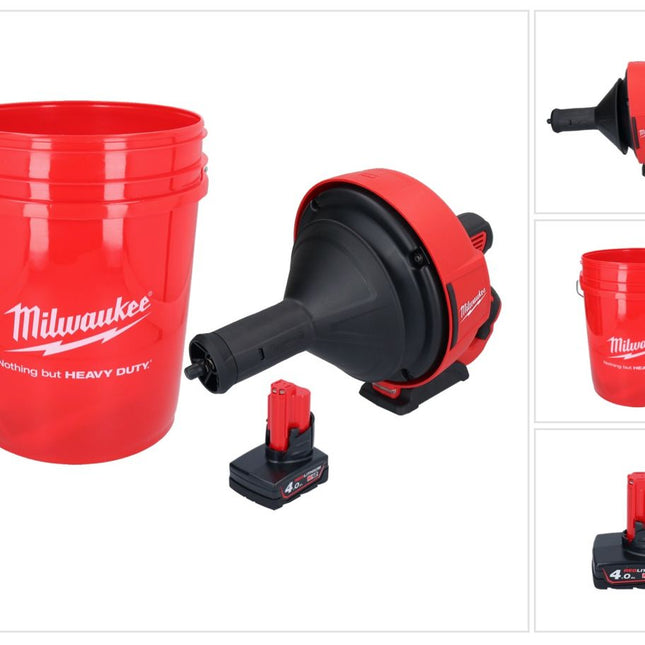 Milwaukee M12 BDC8-401C Akku Rohrreinigungsgerät 12 V + 1x Akku 4,0 Ah + Spirale + Eimer - ohne Ladegerät