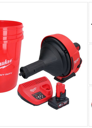 Milwaukee M12 BDC8-401C Akku Rohrreinigungsgerät 12 V + 1x Akku 4,0 Ah + Ladegerät + Spirale + Eimer