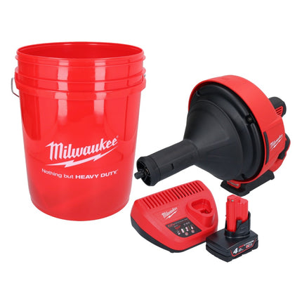 Limpiador de tuberías a batería Milwaukee M12 BDC8-401C 12 V + 1x batería 4,0 Ah + cargador + espiral + cubo