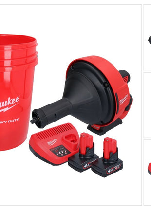 Appareil de nettoyage de tuyaux sur batterie Milwaukee M12 BDC8-402C 12 V + 2x batteries 4,0 Ah + chargeur + spirale + seau