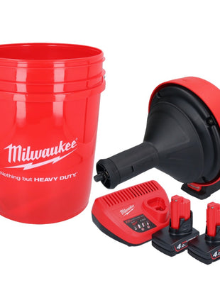 Appareil de nettoyage de tuyaux sur batterie Milwaukee M12 BDC8-402C 12 V + 2x batteries 4,0 Ah + chargeur + spirale + seau