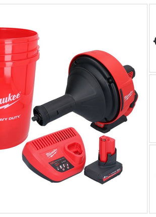 Appareil de nettoyage de tuyaux sur batterie Milwaukee M12 BDC8-501C 12 V + 1x batterie 5,0 Ah + chargeur + spirale + seau