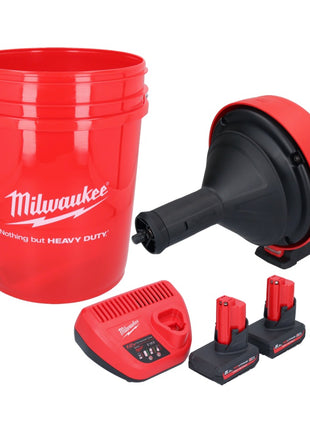 Milwaukee M12 BDC8-502C Akku Rohrreinigungsgerät 12 V + 2x Akku 5,0 Ah + Ladegerät + Spirale + Eimer