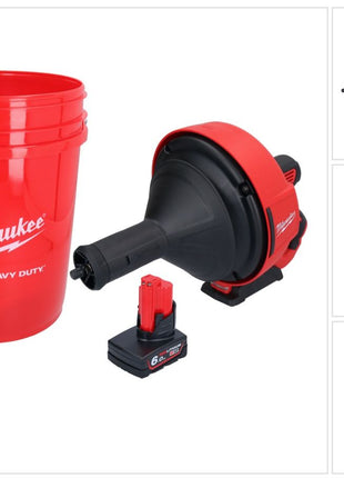 Appareil de nettoyage de tuyaux sur batterie Milwaukee M12 BDC8-601C 12 V + 1x batterie 6,0 Ah + spirale + seau - sans chargeur