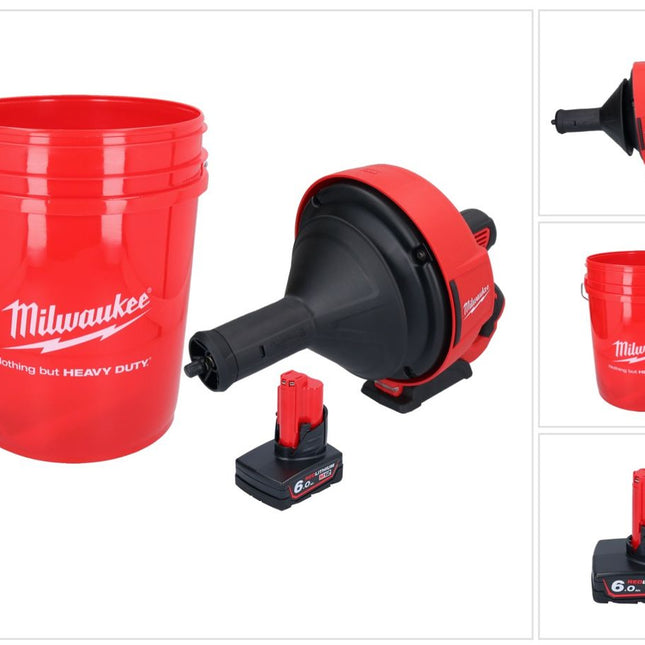 Limpiador de tuberías a batería Milwaukee M12 BDC8-601C 12 V + 1x batería 6,0 Ah + espiral + cubo - sin cargador