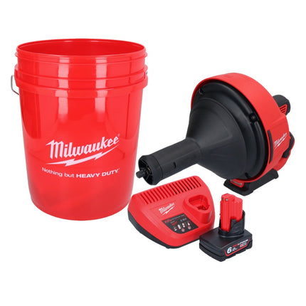 Limpiador de tuberías a batería Milwaukee M12 BDC8-601C 12 V + 1x batería 6,0 Ah + cargador + espiral + cubo