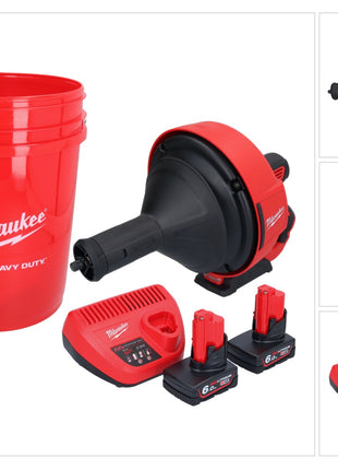 Appareil de nettoyage de tuyaux sur batterie Milwaukee M12 BDC8-602C 12 V + 2x batteries 6,0 Ah + chargeur + spirale + seau