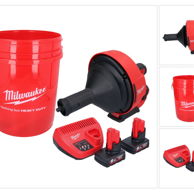 Limpiador de tuberías a batería Milwaukee M12 BDC8-602C 12 V + 2x baterías 6,0 Ah + cargador + espiral + cubo