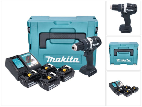 Makita DHP 484 T4JB taladro percutor inalámbrico 18 V 54 Nm sin escobillas negro + 4x baterías 5,0 Ah + cargador + Makpac