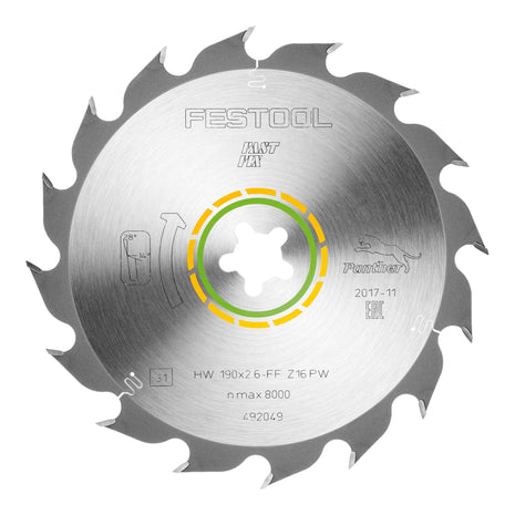 Hoja de sierra circular Festool HW 190x2,6 FF PW16 WOOD RIP CUT (492049) 190 x 2,6 mm 16 dientes para cortes longitudinales en madera maciza siguiendo la veta