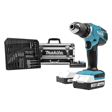 Makita DF 457 DWEX2 Akku Bohrschrauber 18 V 42 Nm G-Serie + 2x Akku 1,5 Ah + Ladegerät + 70 tlg. Zubehör Set + Koffer