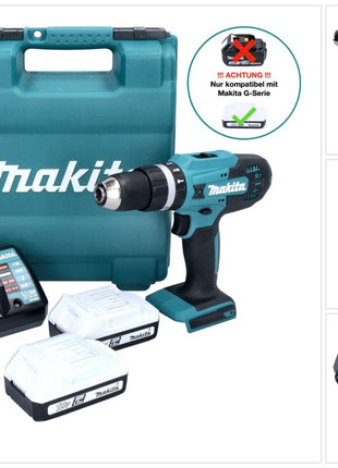 Taladro percutor inalámbrico Makita HP 488 D011 18 V 42 Nm Serie G + 2x baterías 1,5 Ah + cargador + juego de puntas 31 piezas + estuche