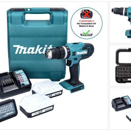 Makita HP 488 D011 Akku Schlagbohrschrauber 18 V 42 Nm G-Serie + 2x Akku 1,5 Ah + Ladegerät + 31 tlg. Bit Set + Koffer