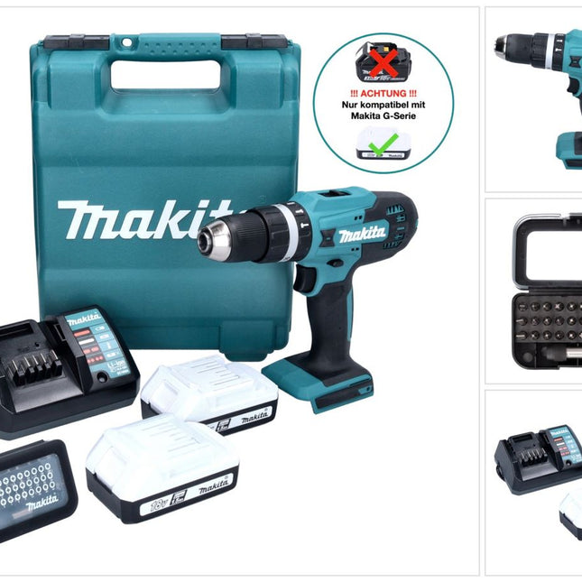 Makita HP 488 D011 Akku Schlagbohrschrauber 18 V 42 Nm G-Serie + 2x Akku 1,5 Ah + Ladegerät + 31 tlg. Bit Set + Koffer