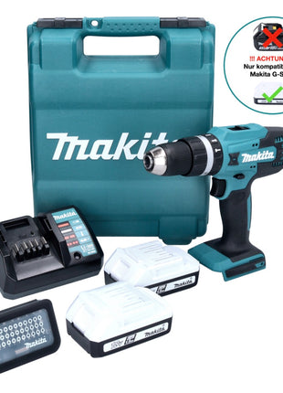 Taladro percutor inalámbrico Makita HP 488 D011 18 V 42 Nm Serie G + 2x baterías 1,5 Ah + cargador + juego de puntas 31 piezas + estuche