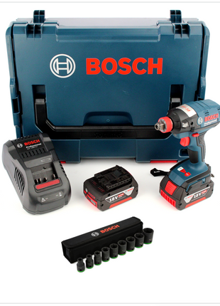 Bosch GDX 18 V-EC Professional 18 V Akku Drehschlagschrauber in L-Boxx + Schnellladegerät + 2x GBA 6 Ah Akku + 1/2" Steckschlüssel Einsatz 9-tlg. - Toolbrothers