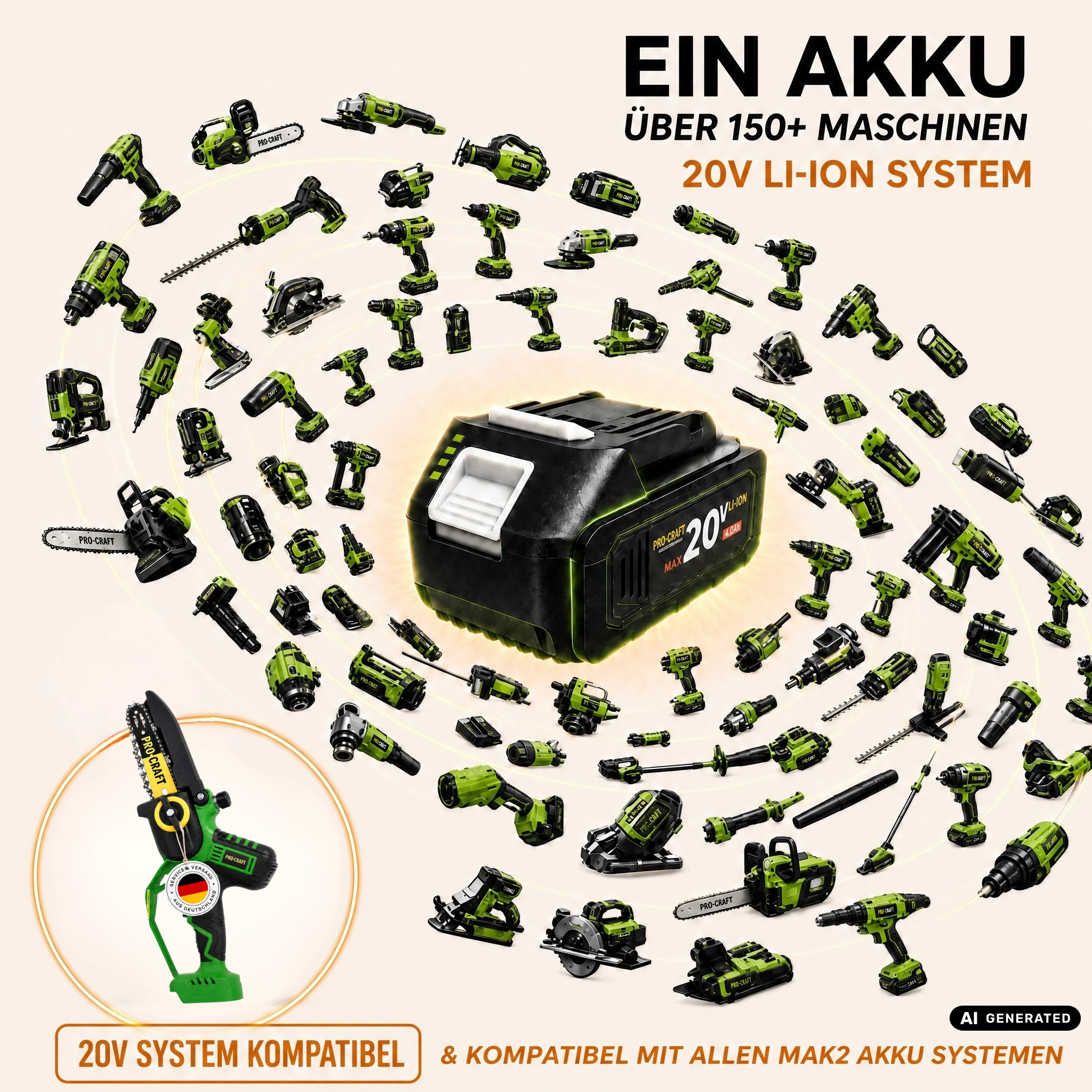 Procraft PKA32Li Akku Kettensäge 20 V 203 mm Brushless + 1x Akku 4,0 Ah + Ladegerät + Koffer