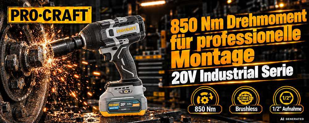 ProCraft Industrial IW850A-BB Akku Schlagschrauber 20 V 850 Nm 1/2" Brushless Solo - ohne Akku, ohne Ladegerät