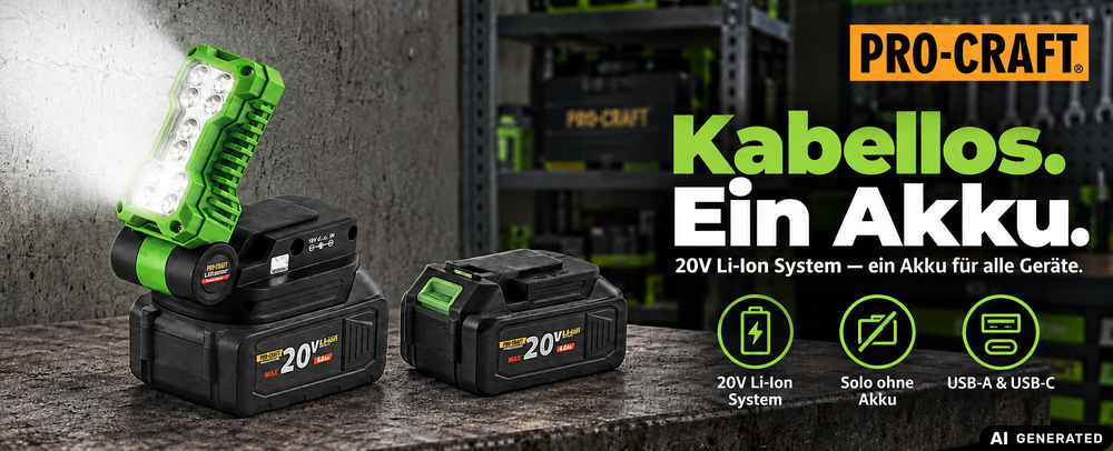 Procraft LL20bb Akku LED Strahler 20 V 500 lm + 1x Akku 2,0 Ah + Ladegerät