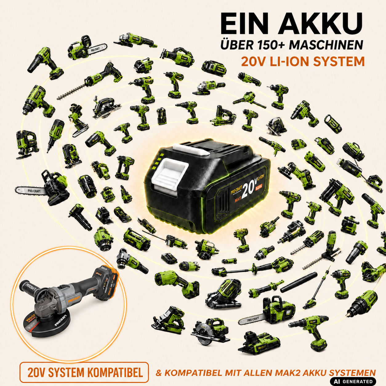 Procraft Industrial AG125Abb Akku Winkelschleifer 20 V 125 mm Brushless + 1x Akku 2,0 Ah - ohne Ladegerät