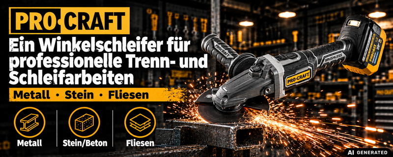 Procraft Industrial AG125Cbb Akku Flachkopf Winkelschleifer 20 V 125 mm Brushless + 1x Akku 2,0 Ah - ohne Ladegerät