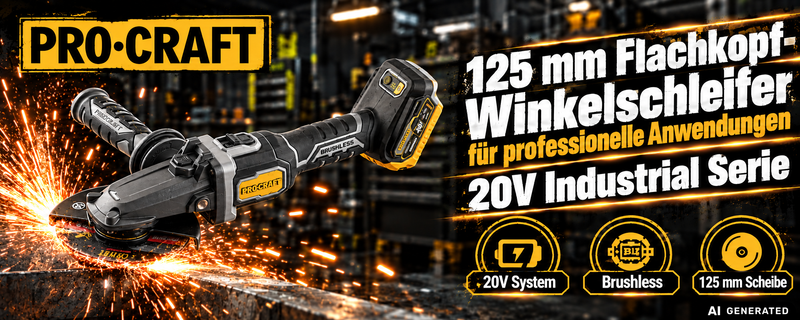 Procraft Industrial AG125Cbb Akku Flachkopf Winkelschleifer 20 V 125 mm Brushless + 1x Akku 2,0 Ah - ohne Ladegerät