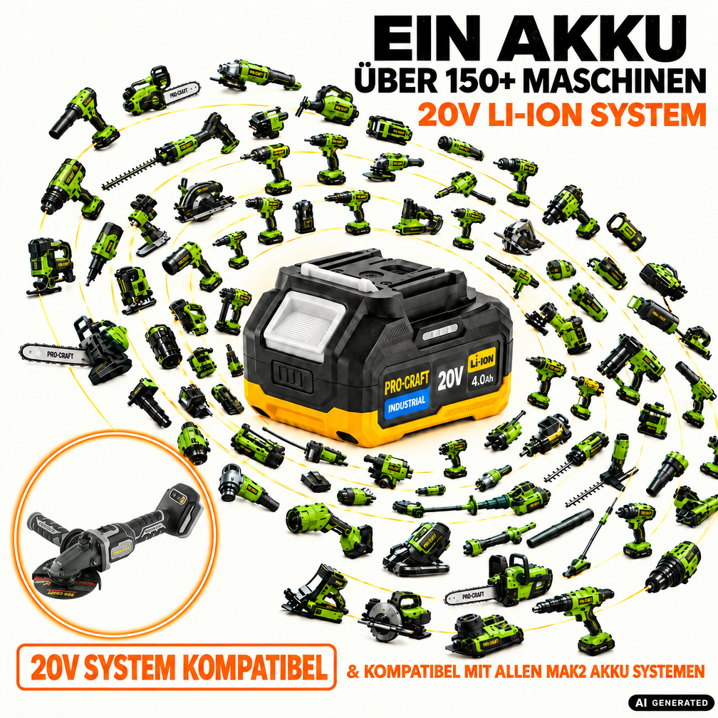 Procraft Industrial AG125Cbb Akku Flachkopf Winkelschleifer 20 V 125 mm Brushless + 1x Akku 2,0 Ah - ohne Ladegerät