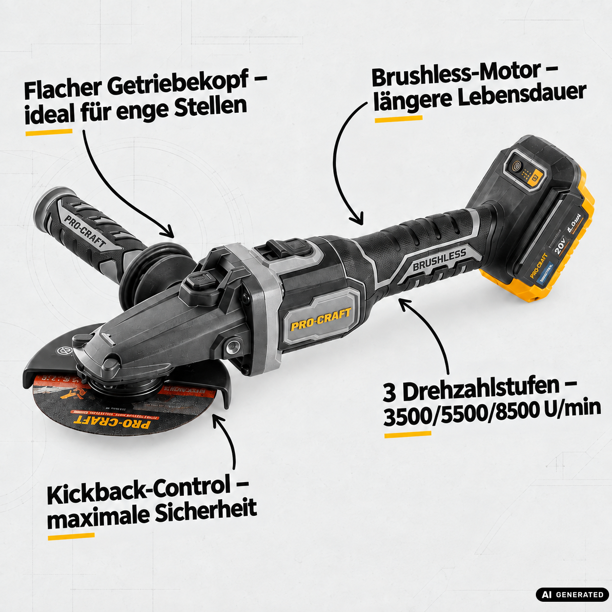 Procraft Industrial AG125Cbb Akku Flachkopf Winkelschleifer 20 V 125 mm Brushless + 1x Akku 2,0 Ah - ohne Ladegerät