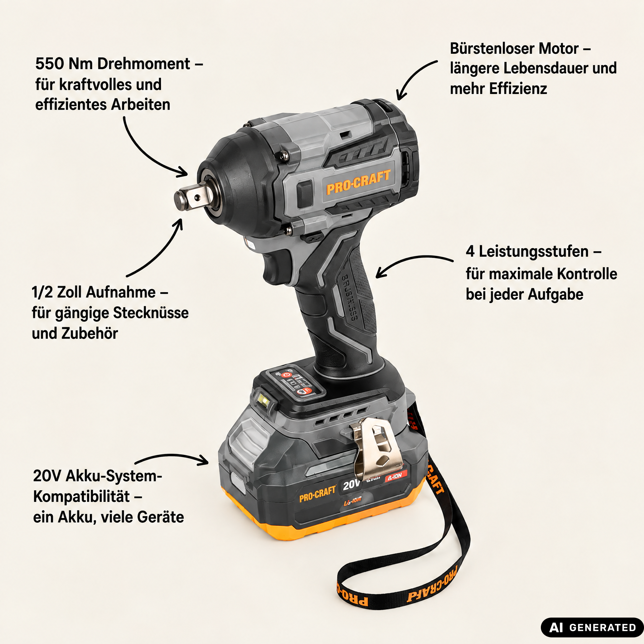 Procraft Industrial IW550Abb Akku Schlagschrauber 20 V 550 Nm 1/2" + 1x Akku 4,0 Ah - ohne Ladegerät