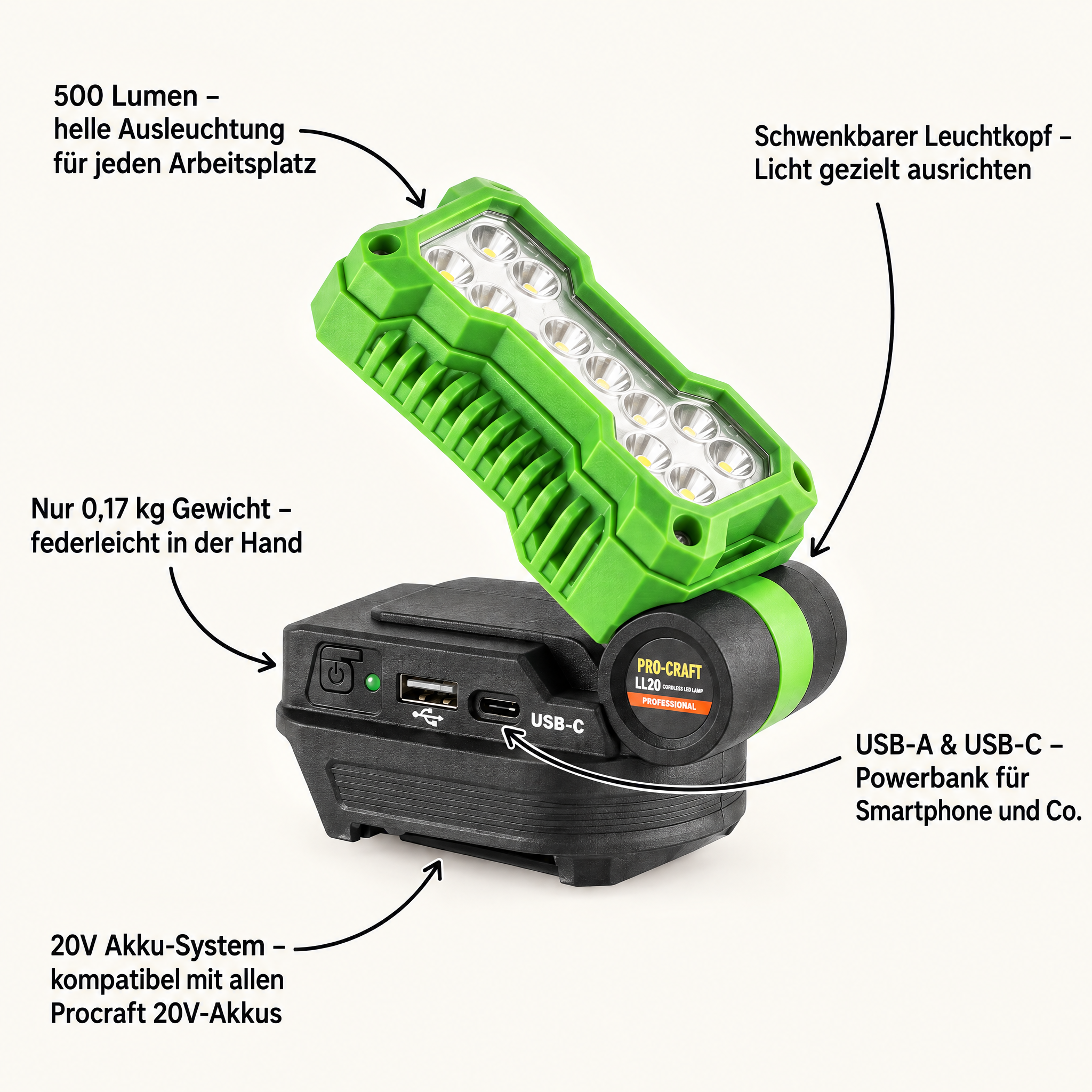 Procraft LL20bb Akku LED Strahler 20 V 500 lm + 1x Akku 2,0 Ah - ohne Ladegerät