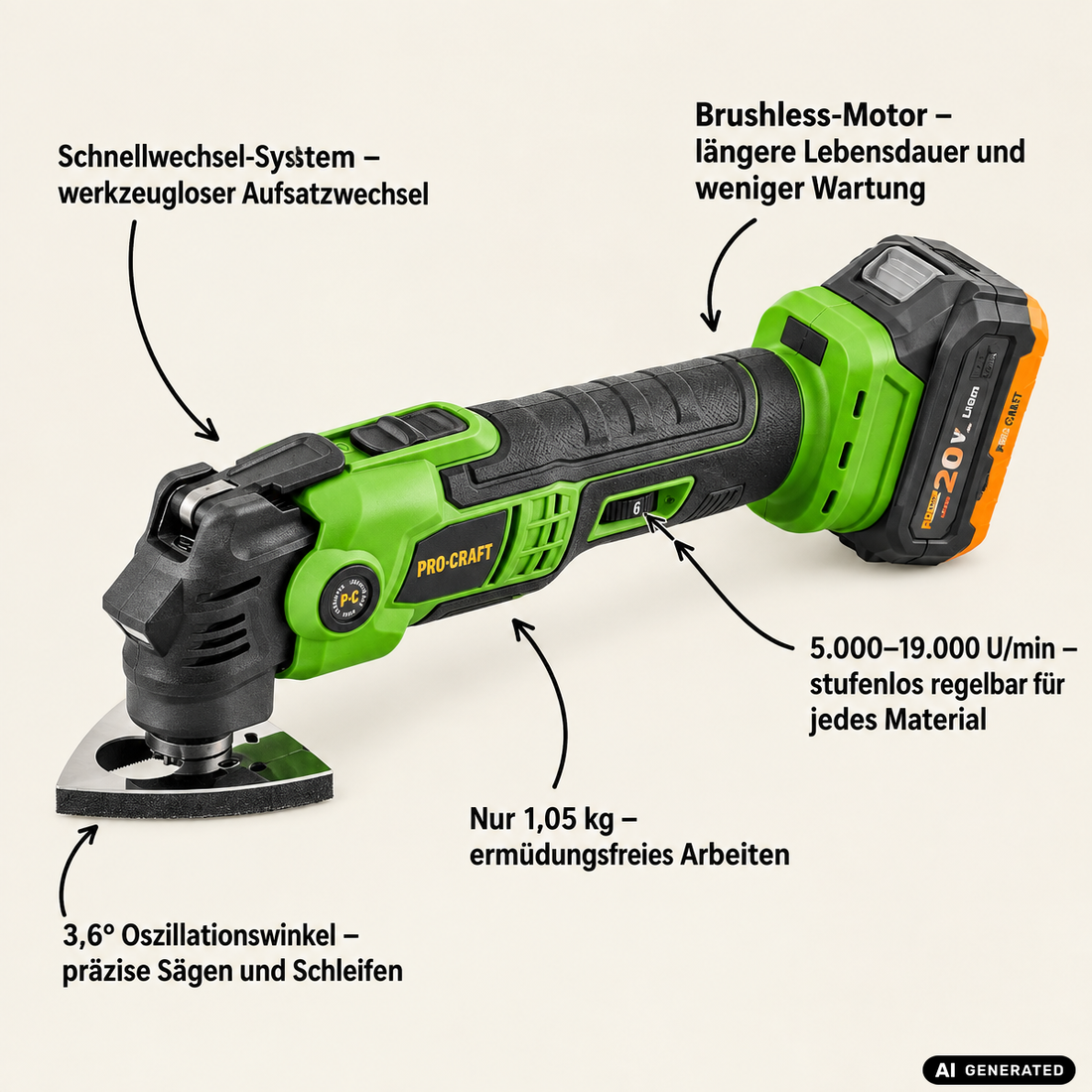 Procraft PMT22bb Akku Multifunktionswerkzeug 20 V Brushless + 2x Akku 4,0 Ah + Ladegerät + RHINO Toolcase