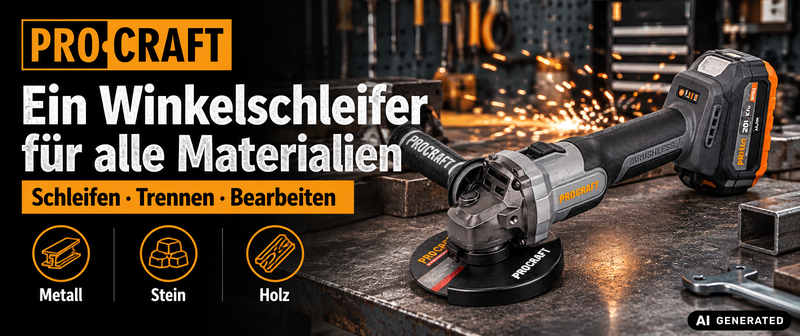 Procraft Industrial AG125Abb Akku Winkelschleifer 20 V 125 mm Brushless + 1x Akku 2,0 Ah - ohne Ladegerät