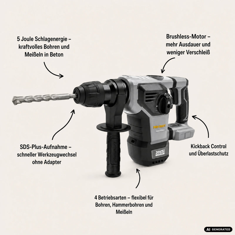 Procraft Industrial HD20B-BB-C Akku Kombihammer 20 V 5 J SDS plus Brushless + 2x Akku 8,0 Ah + Ladegerät + Koffer